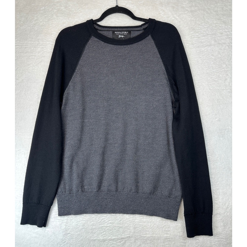 Banana Republic Sweater Mens Large Gray Black Italian Merino Wool Crewneck